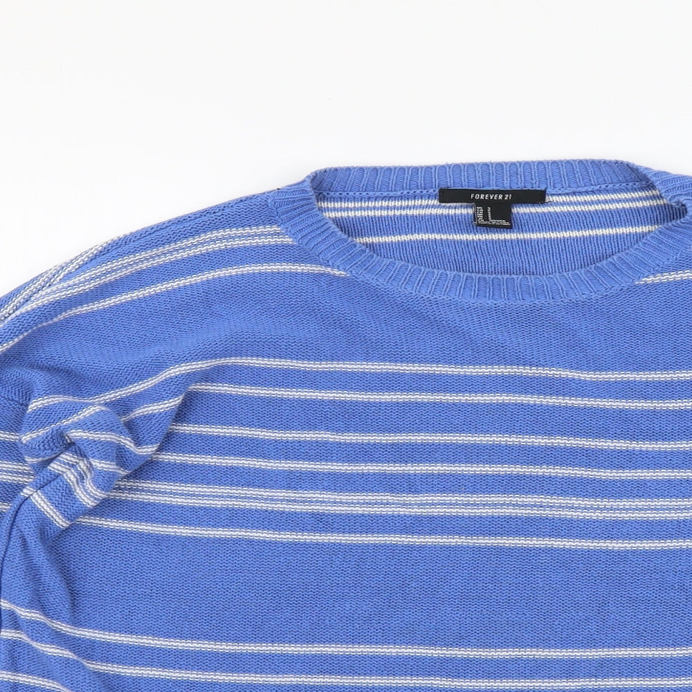 FOREVER 21 Womens Blue Round Neck Striped Cotton Pullover Jumper Size S