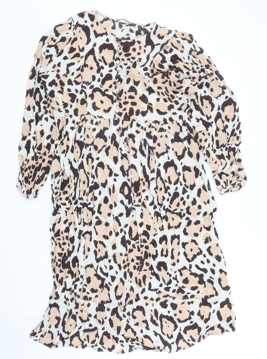 Marks and Spencer Womens Brown Animal Print Viscose A-Line Size 12 Boat Neck Button