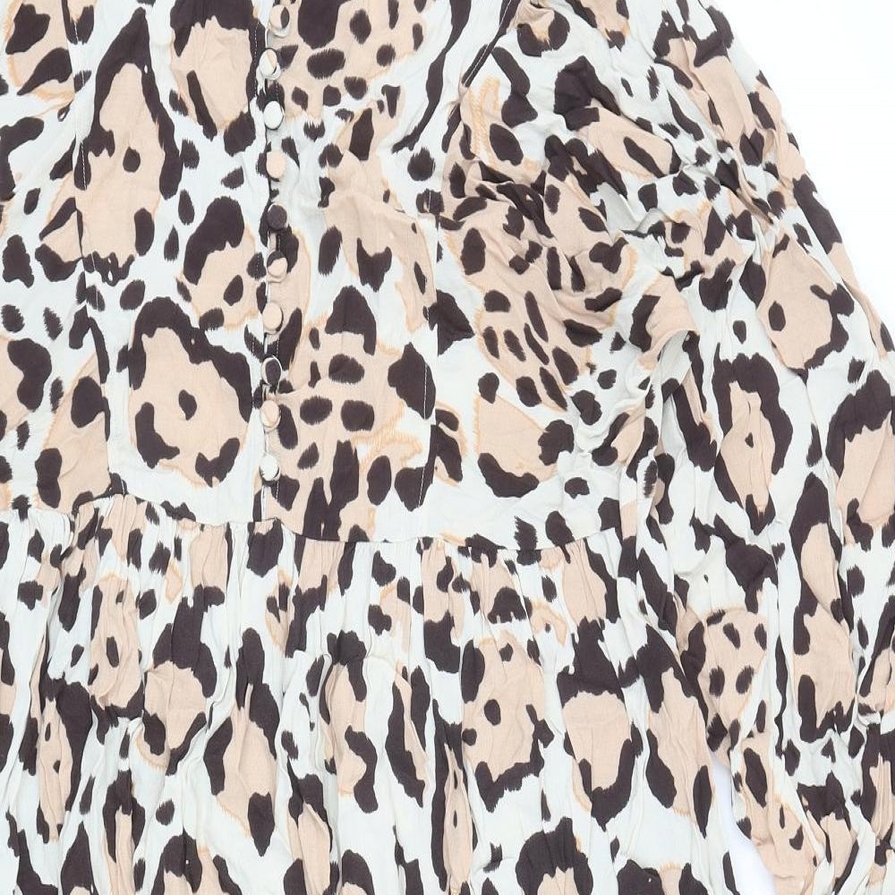 Marks and Spencer Womens Brown Animal Print Viscose A-Line Size 12 Boat Neck Button
