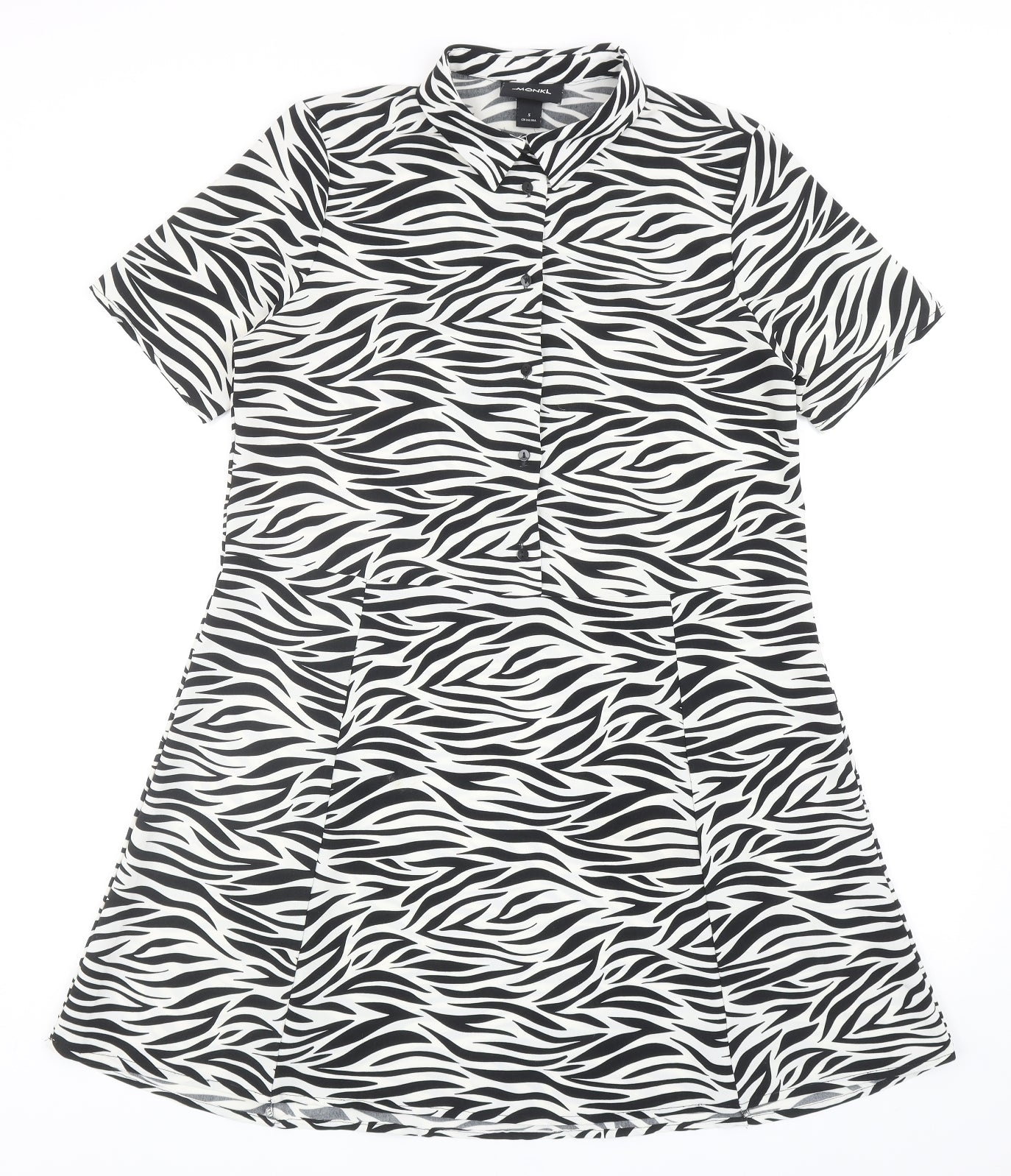 Monki Womens Black Animal Print Polyester Shirt Dress Size S Collared Button - Zebra Pattern