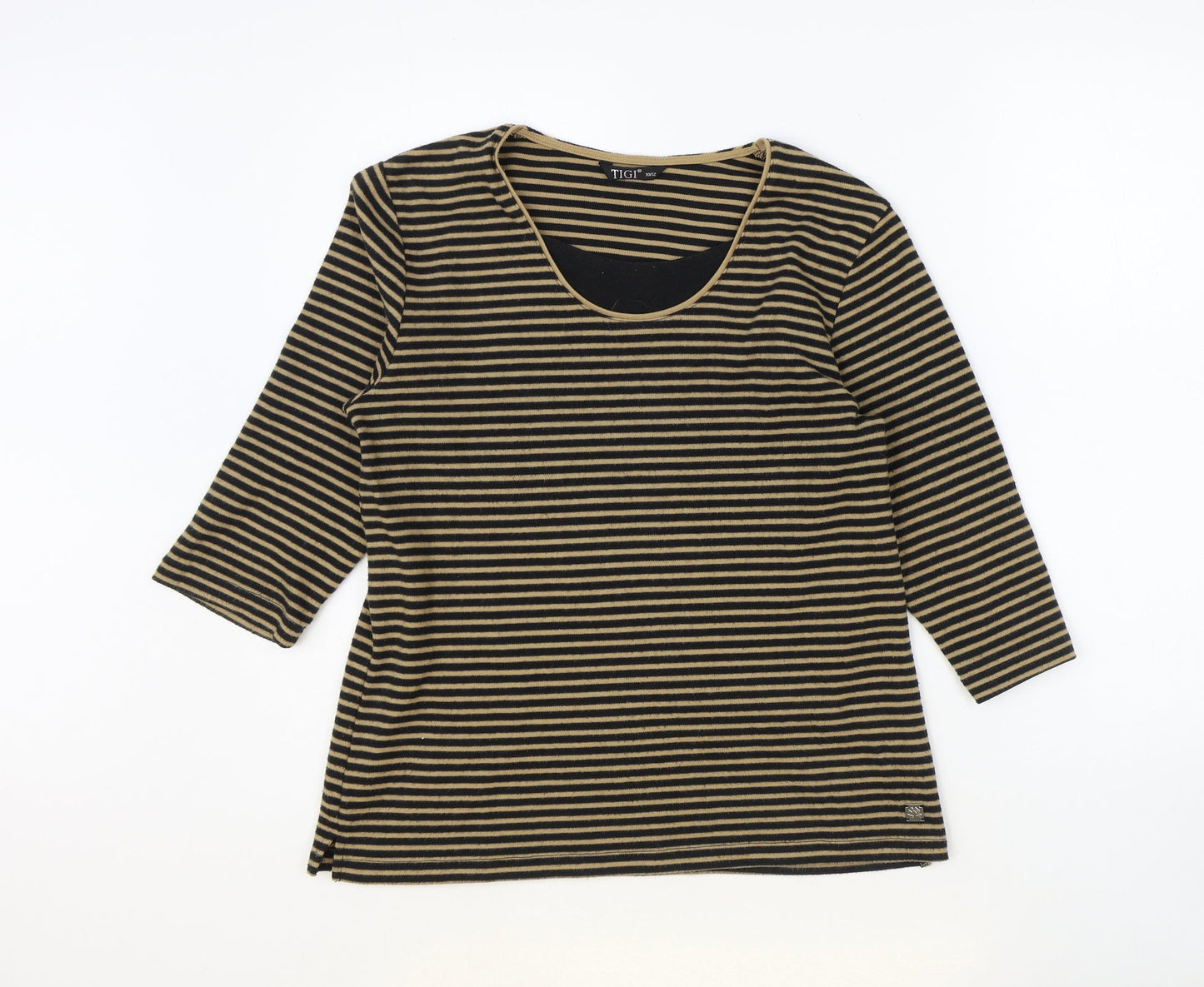 TIGI Womens Brown Striped Polyester Basic Blouse Size 12 Scoop Neck - Size 12-14
