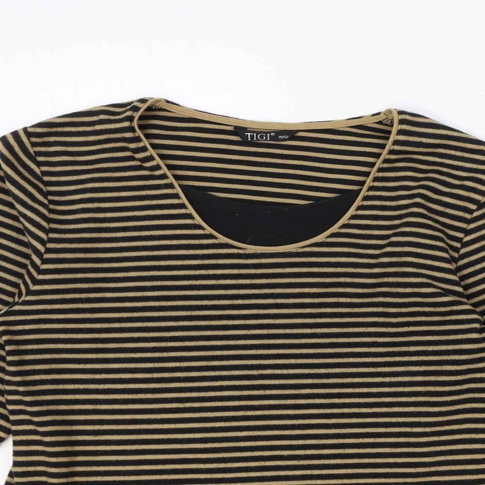 TIGI Womens Brown Striped Polyester Basic Blouse Size 12 Scoop Neck - Size 12-14