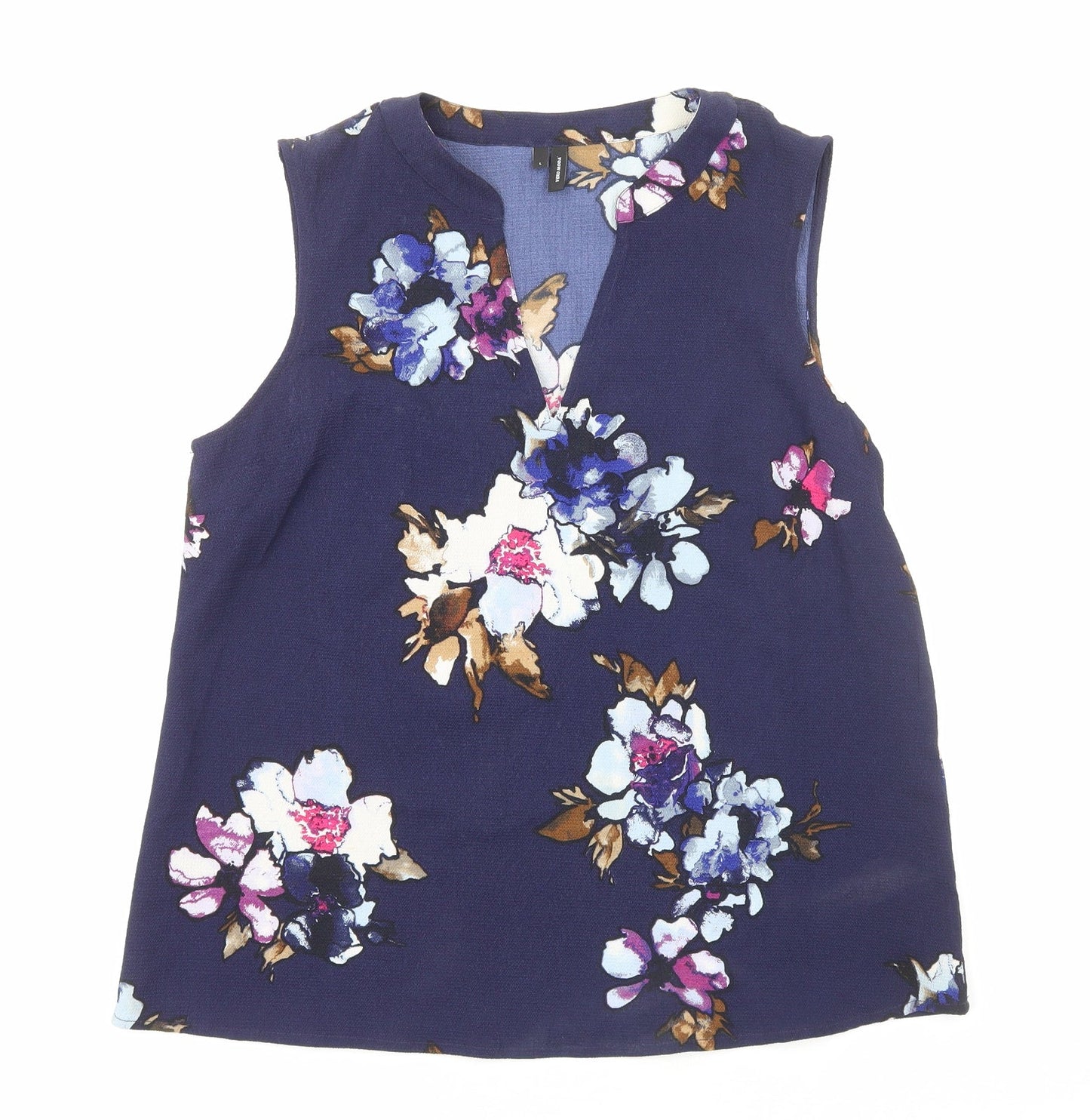 VERO MODA Womens Blue Floral Viscose Basic Tank Size L V-Neck