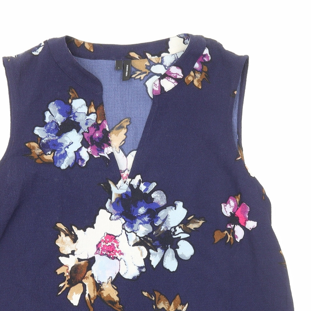VERO MODA Womens Blue Floral Viscose Basic Tank Size L V-Neck