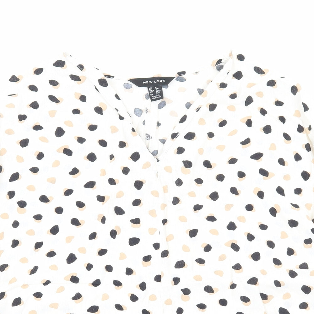 New Look Womens Beige Geometric Polyester Basic Blouse Size 6 V-Neck - Knot Front