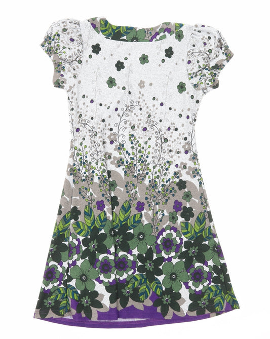 Purple Womens Grey Floral Polyester Trapeze & Swing Size S Round Neck Pullover