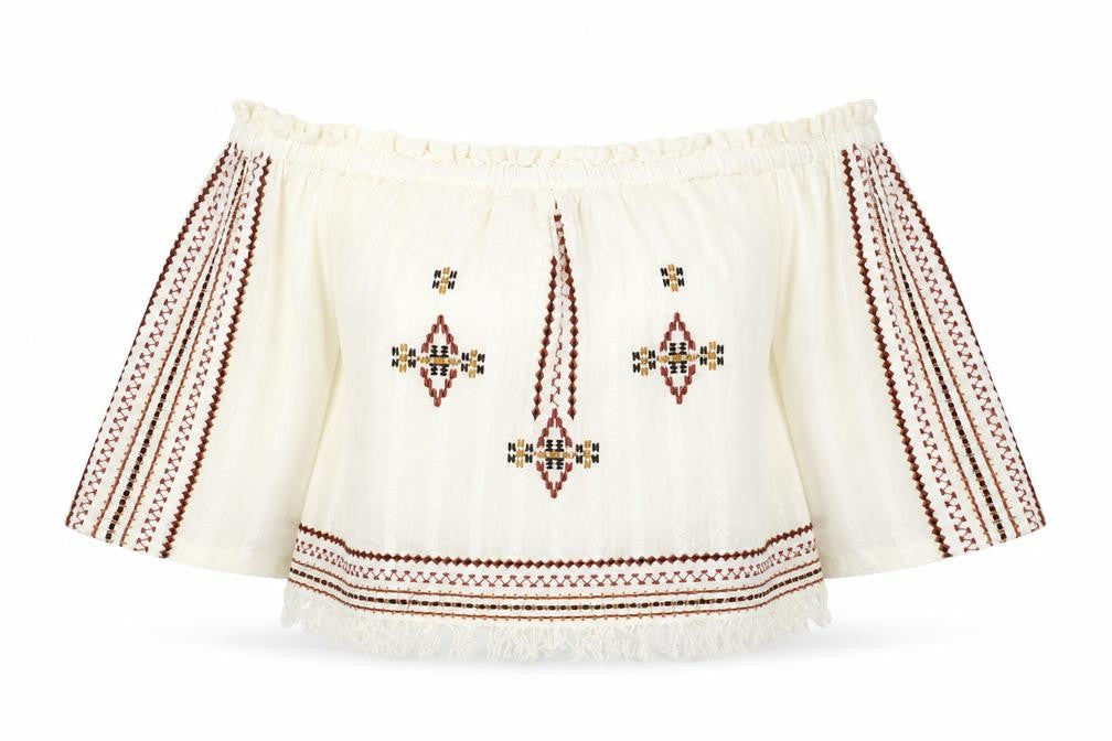 Topshop Womens White Geometric Cotton Cropped Blouse Size 6 Off the Shoulder - Bardot