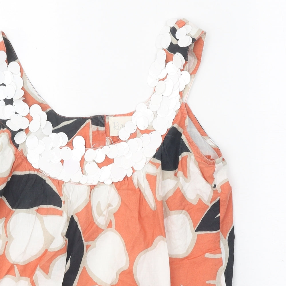 River Island Womens Orange Floral 100% Cotton Basic Tank Size 10 Scoop Neck - Elastic Hem