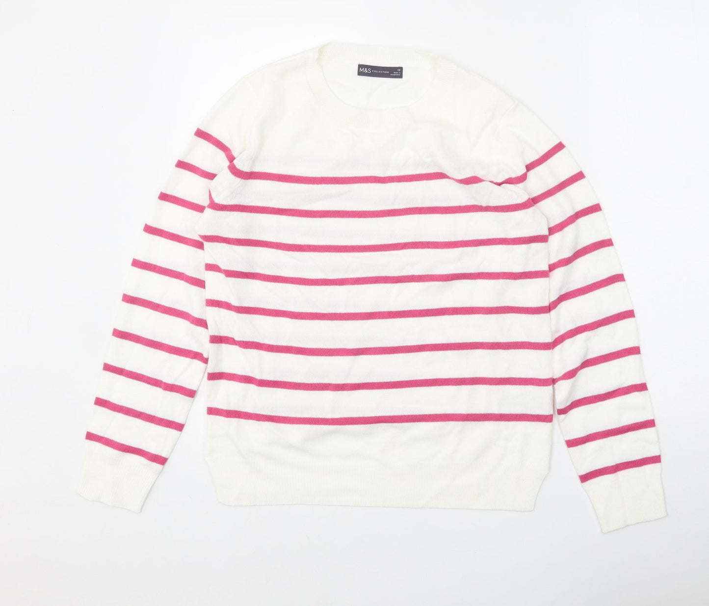 Marks and Spencer Womens White Scoop Neck Striped Acrylic Pullover Jumper Size 10