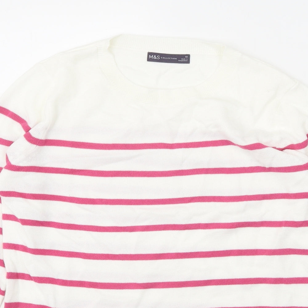 Marks and Spencer Womens White Scoop Neck Striped Acrylic Pullover Jumper Size 10