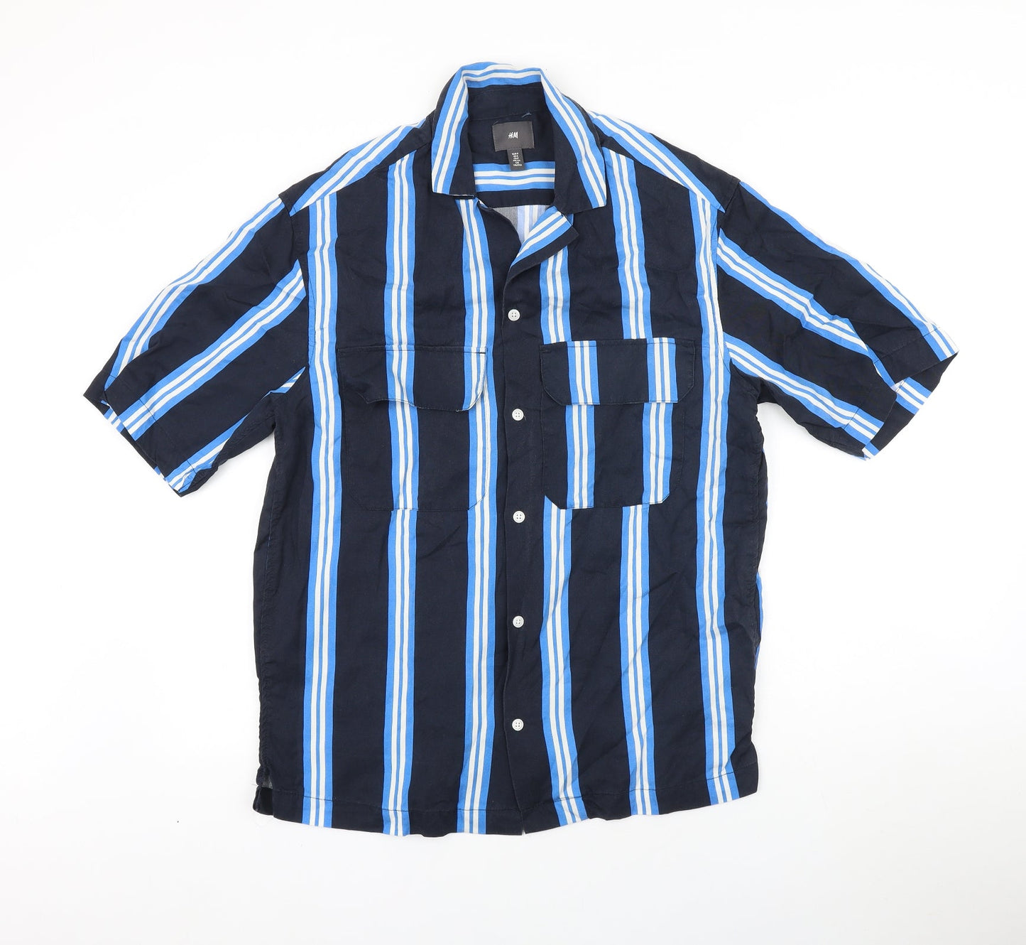 H&M Mens Blue Striped Lyocell Button-Up Size S Collared Button