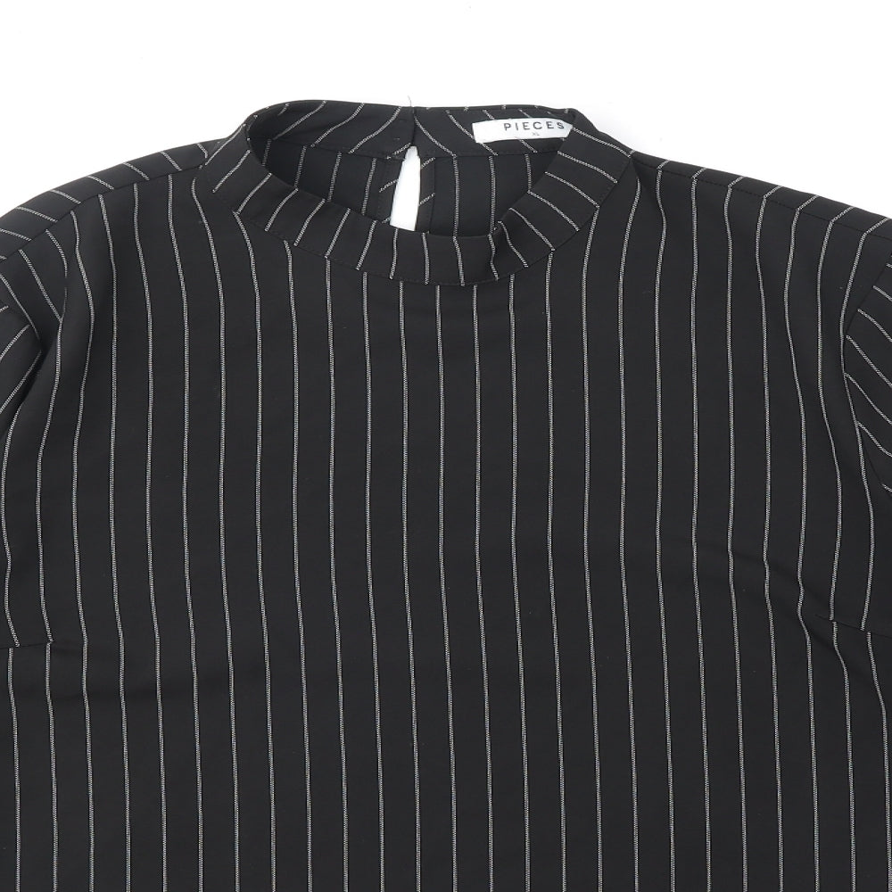 Pieces Womens Black Striped Polyester Basic Blouse Size XL Mock Neck