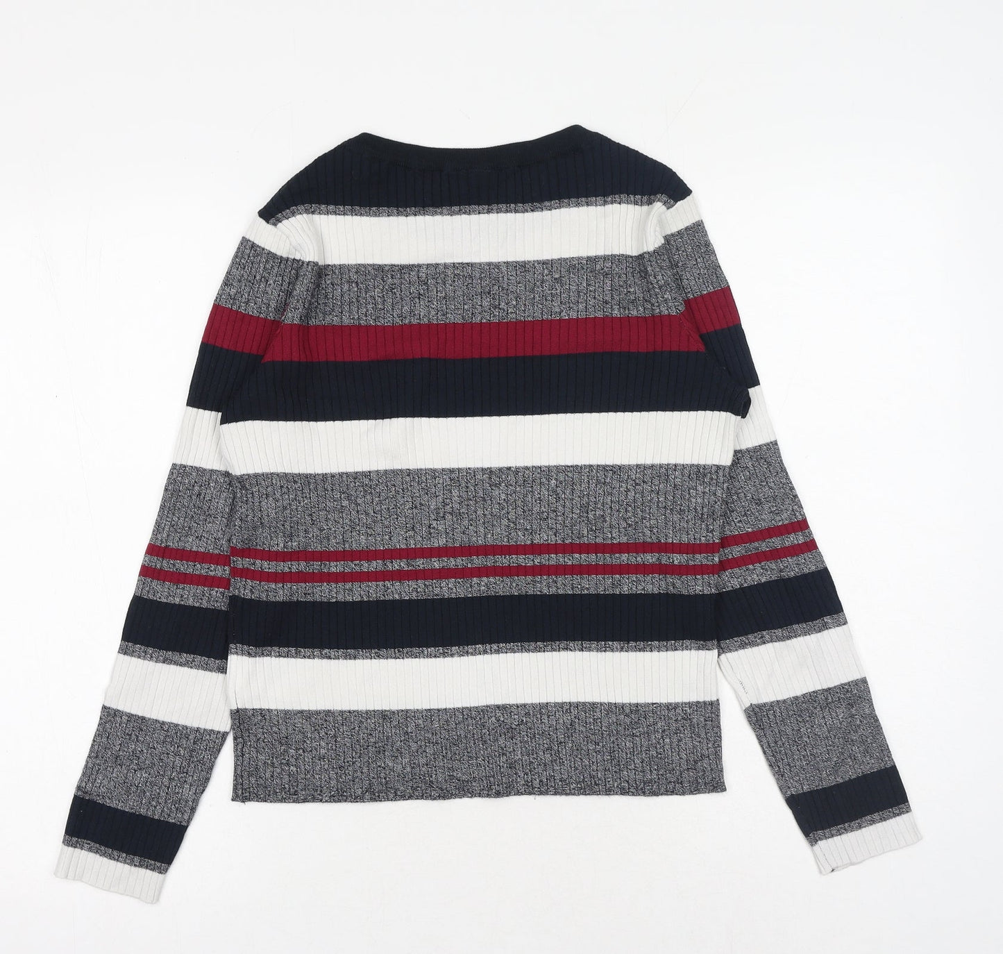 H&M Womens Grey Round Neck Striped Acrylic Pullover Jumper Size L
