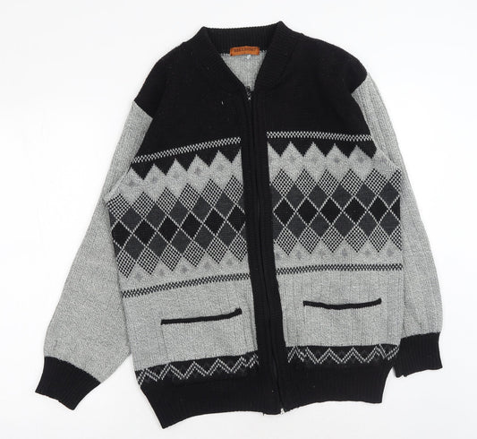 Bellissima Mens Grey V-Neck Geometric Acrylic Full Zip Jumper Size L Long Sleeve