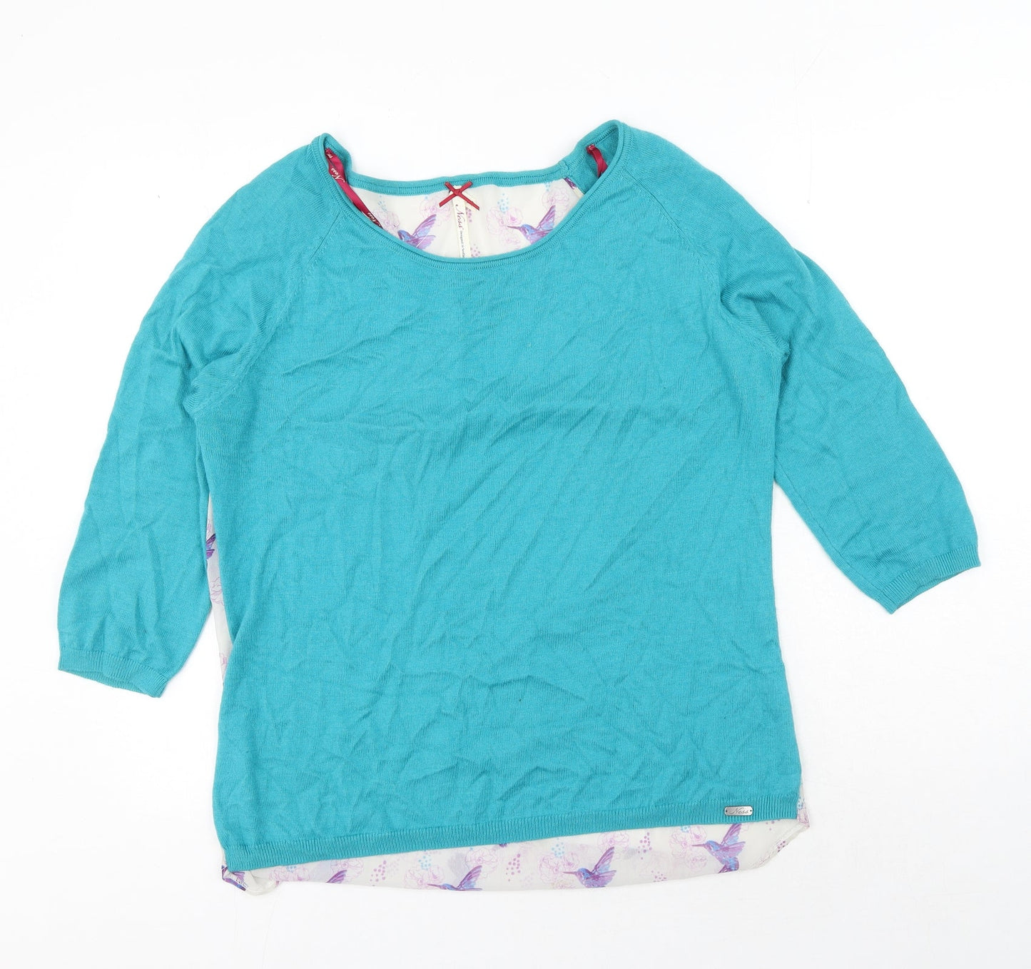 Nessa Womens Blue Geometric Nylon Basic Blouse Size L Boat Neck - Bird Print