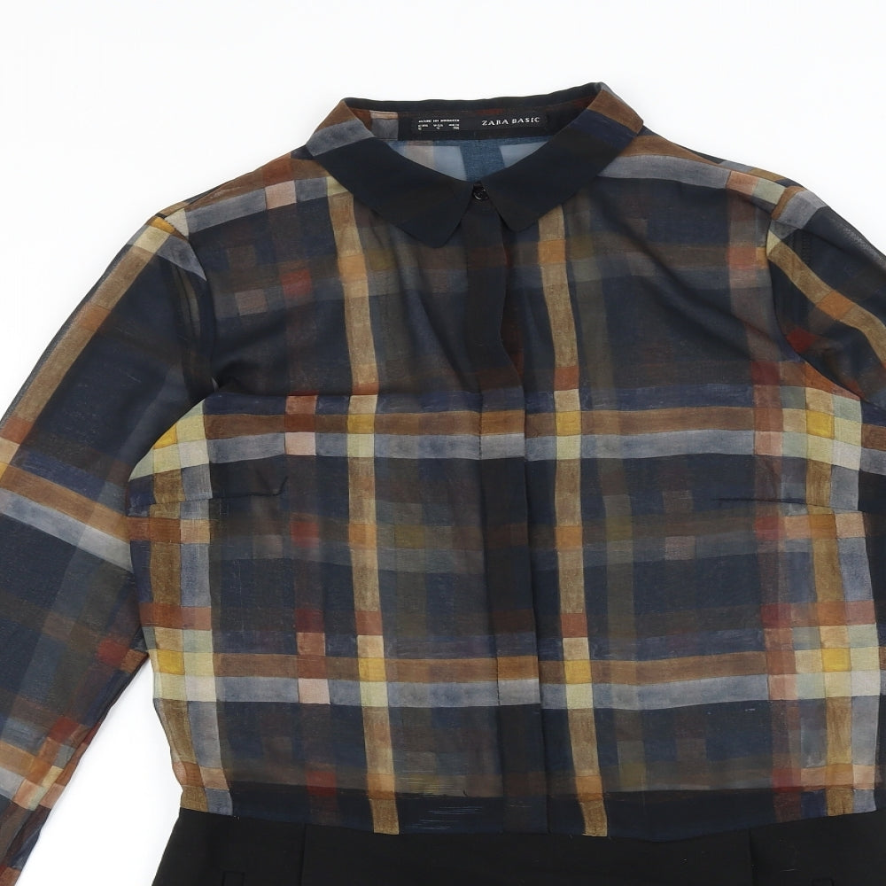 Zara Womens Black Plaid Viscose Shirt Dress Size S Collared Button