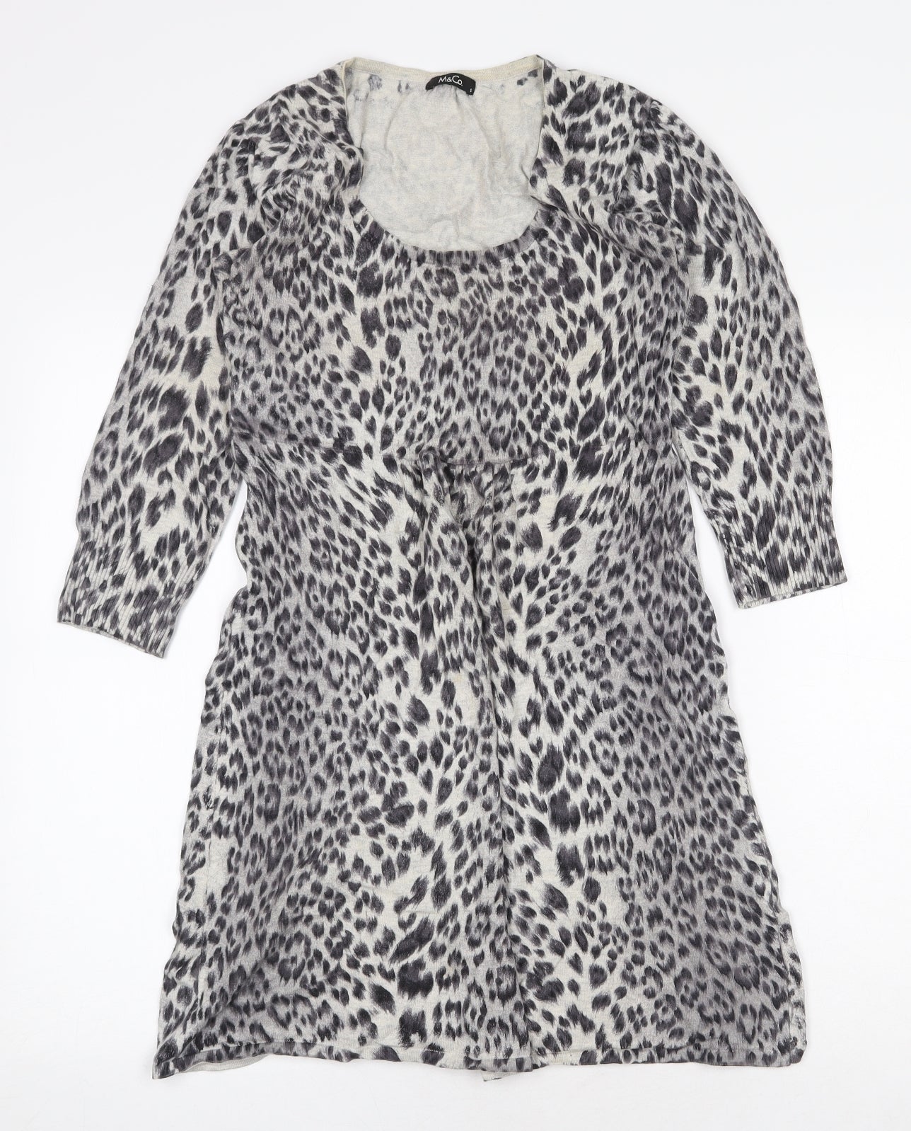 M&Co Womens Grey Animal Print Cotton A-Line Size S Round Neck Pullover - Leopard Pattern