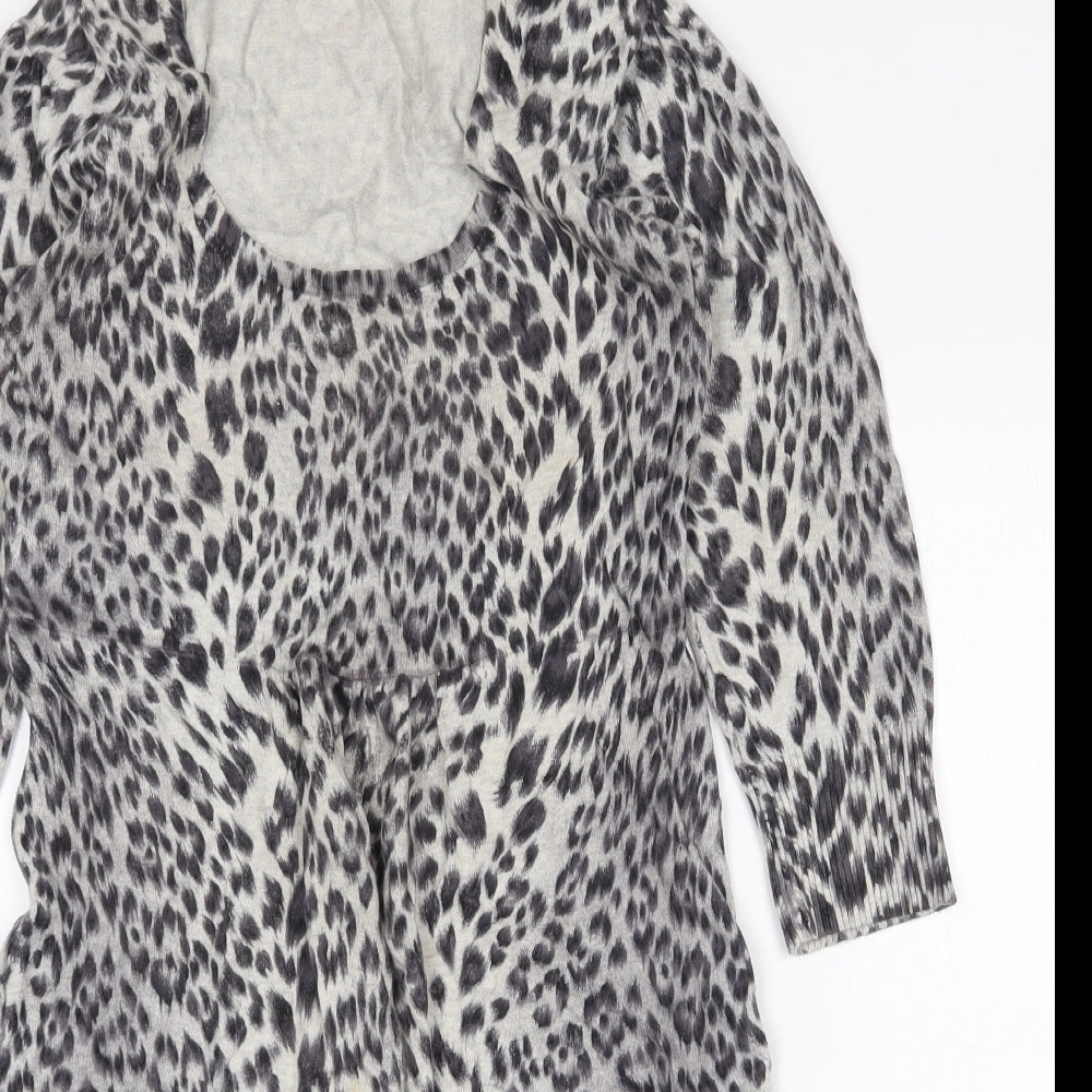 M&Co Womens Grey Animal Print Cotton A-Line Size S Round Neck Pullover - Leopard Pattern