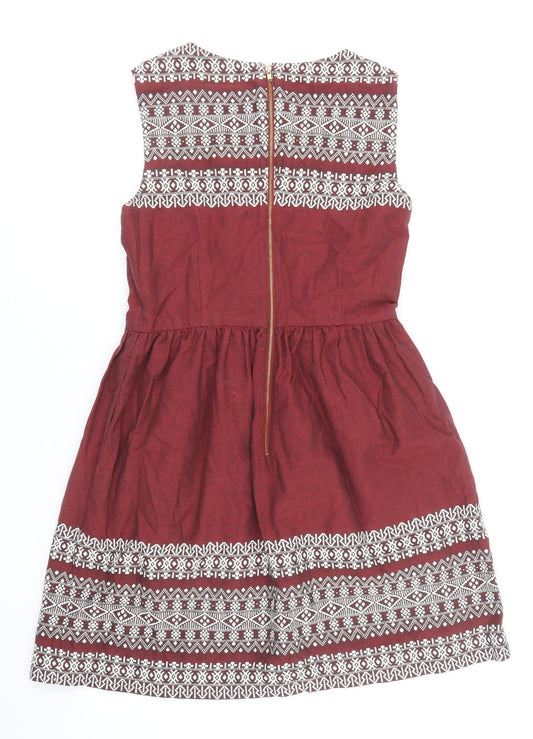 N.W 3 Womens Red Geometric 100% Cotton Fit & Flare Size 10 Boat Neck Zip