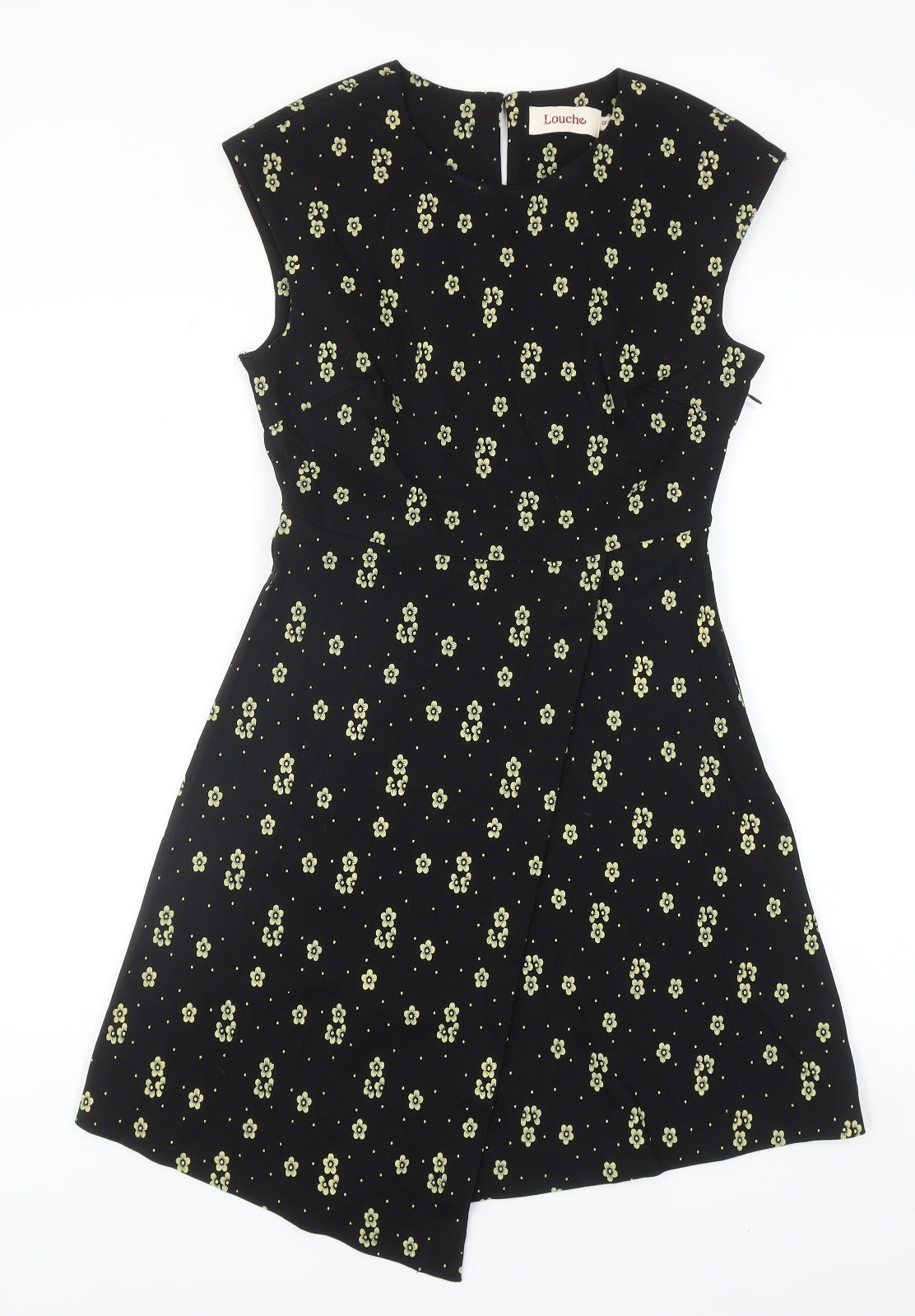 Louche Womens Black Floral Viscose Trapeze & Swing Size 12 V-Neck Zip