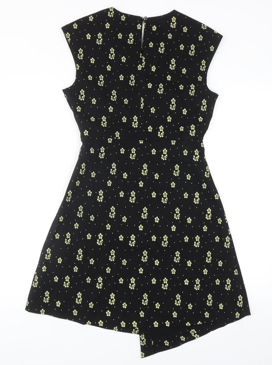 Louche Womens Black Floral Viscose Trapeze & Swing Size 12 V-Neck Zip
