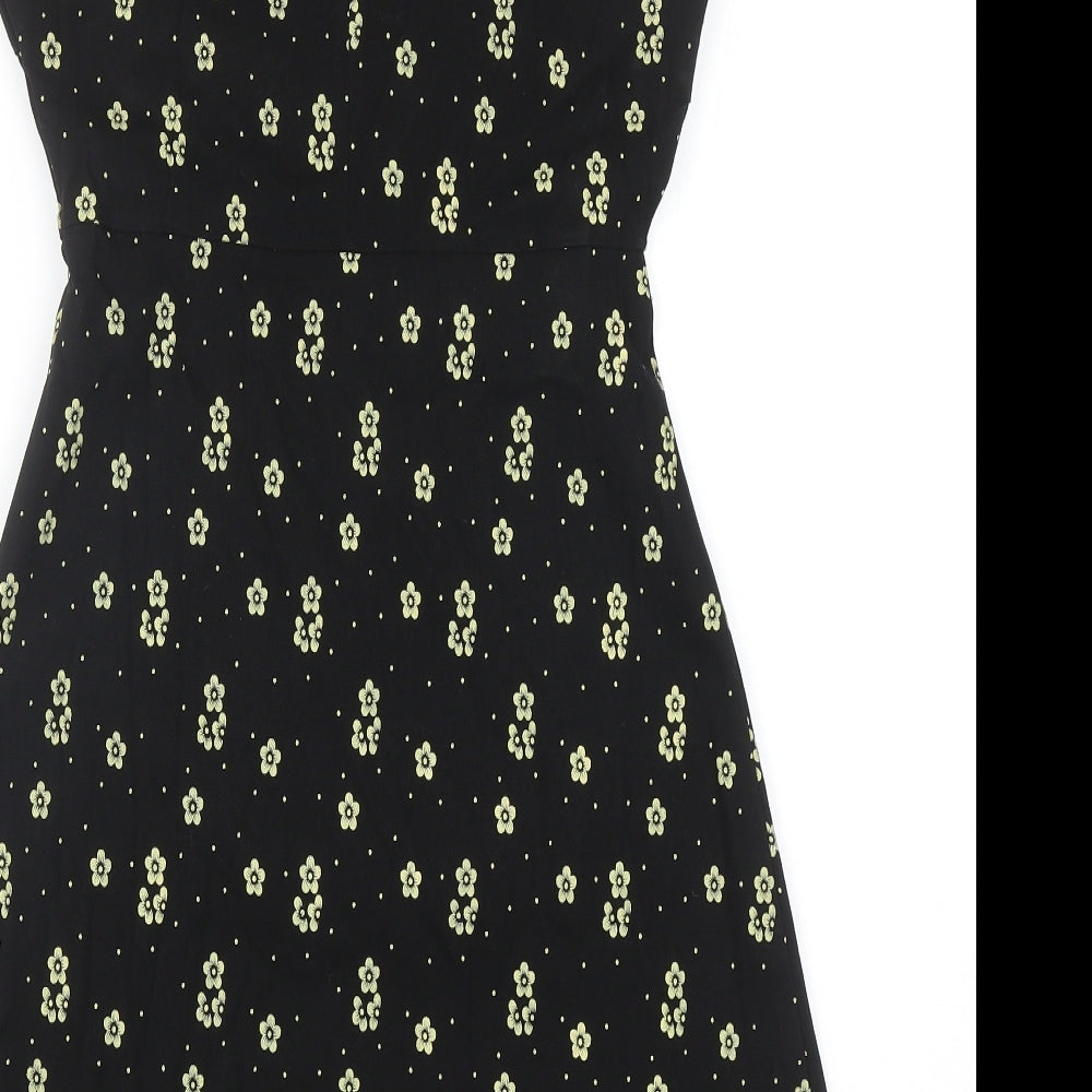 Louche Womens Black Floral Viscose Trapeze & Swing Size 12 V-Neck Zip