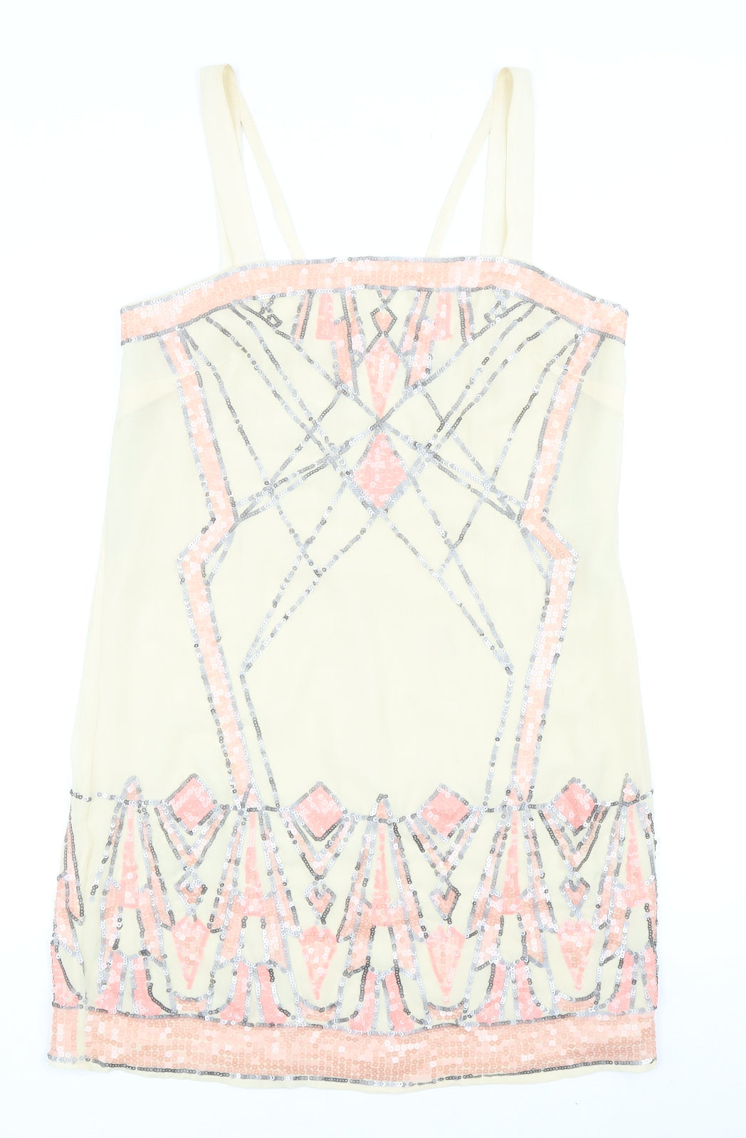 Warehouse Womens Beige Geometric Polyester Tank Dress Size 12 Square Neck Zip