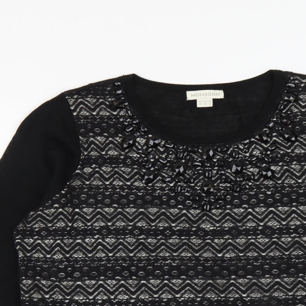 Monsoon Womens Black Round Neck Geometric Acrylic Pullover Jumper Size 16