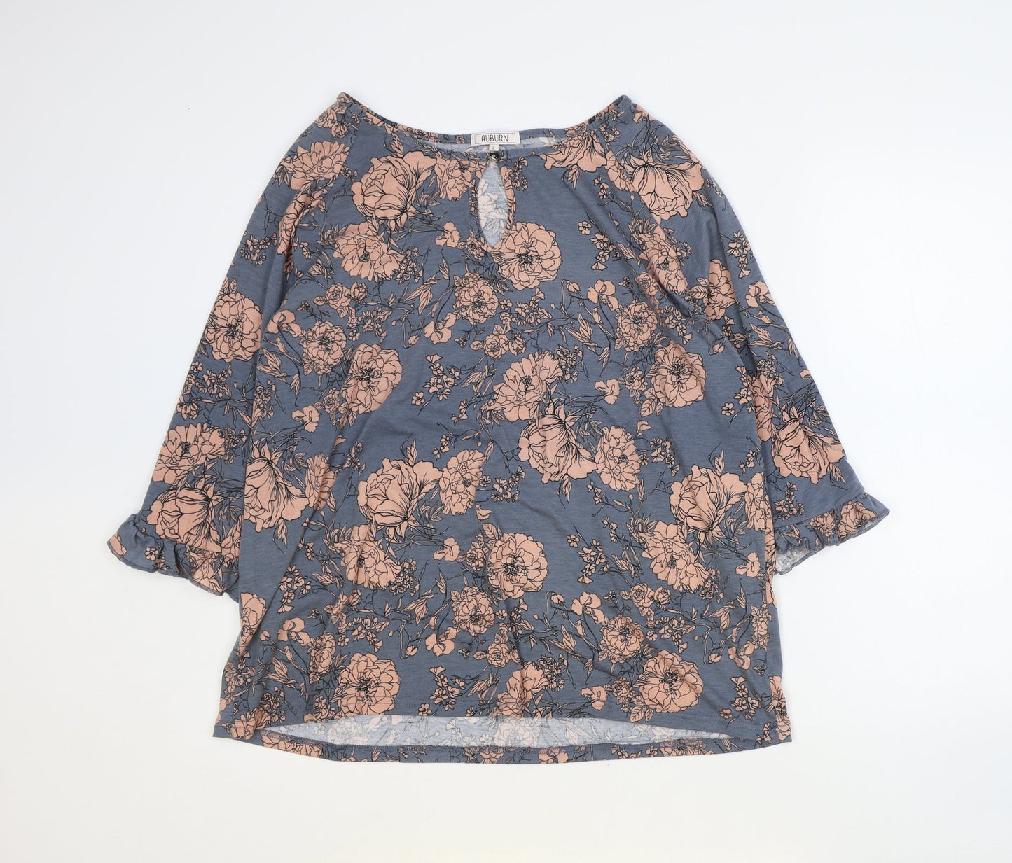 Auburn Womens Blue Floral Polyester Basic Blouse Size L Boat Neck
