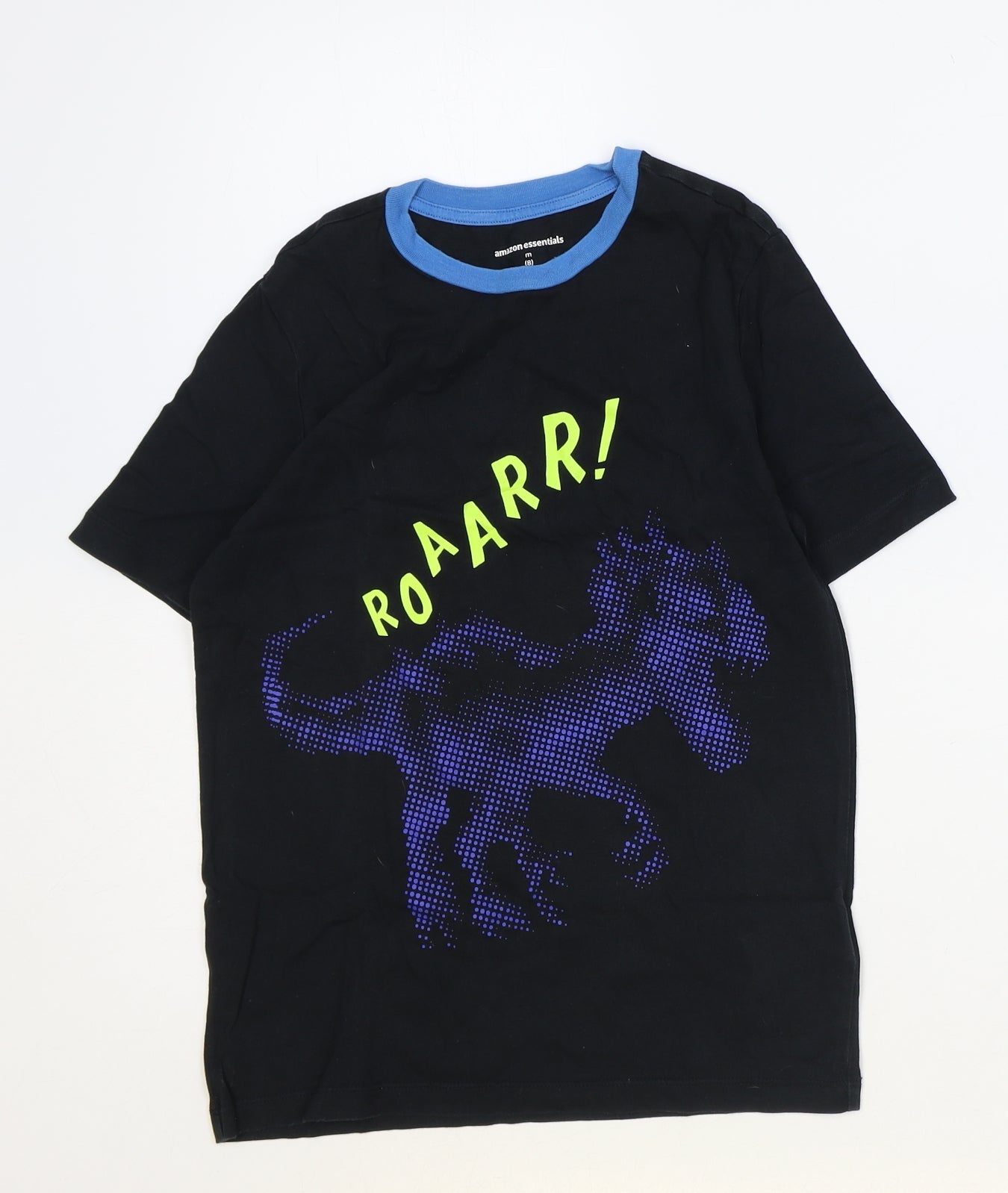 Amazon Boys Black 100% Cotton Basic T-Shirt Size M Round Neck Pullover - Dinosaur