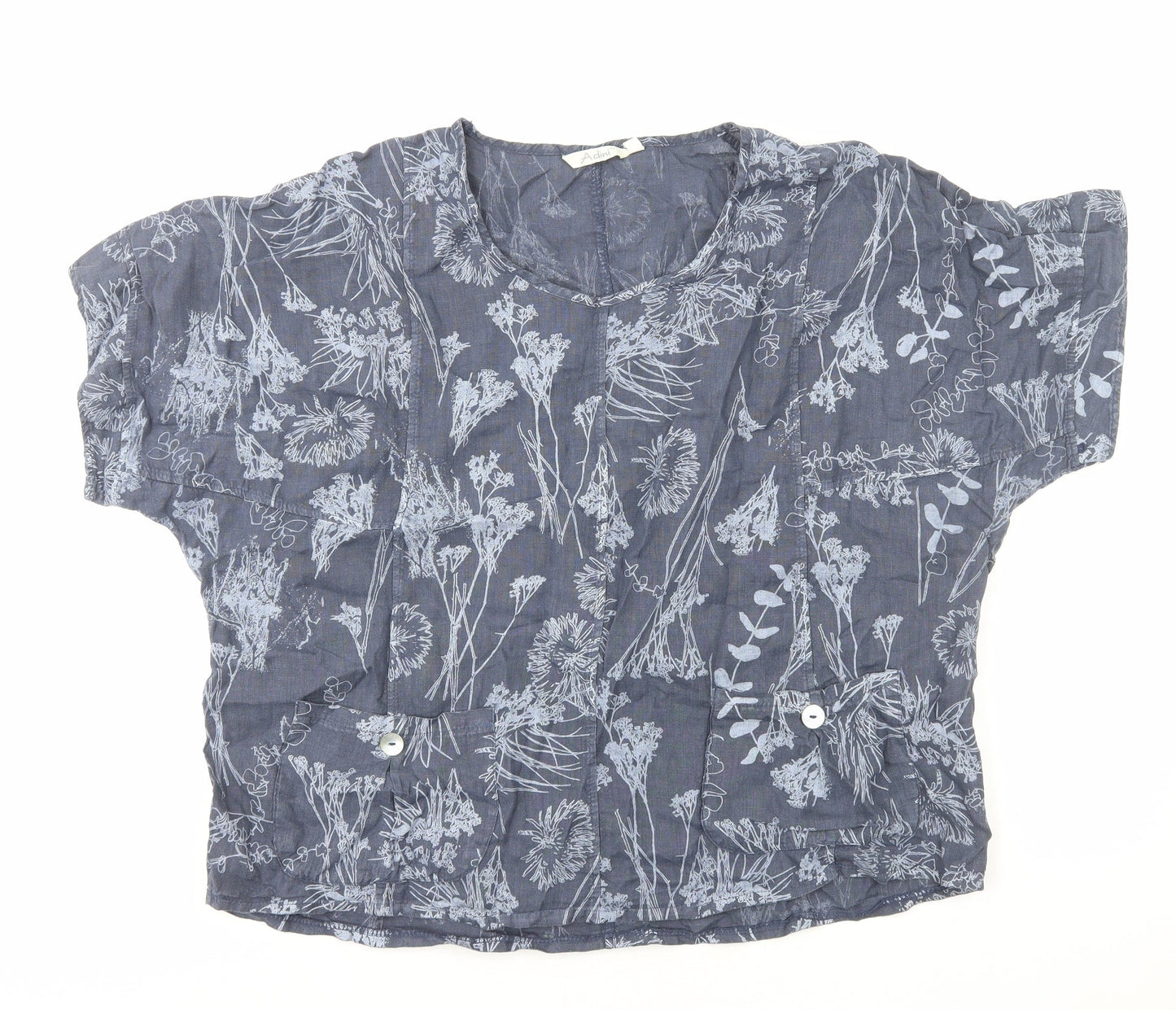 Adini Womens Blue Floral Cotton Basic T-Shirt Size M Round Neck