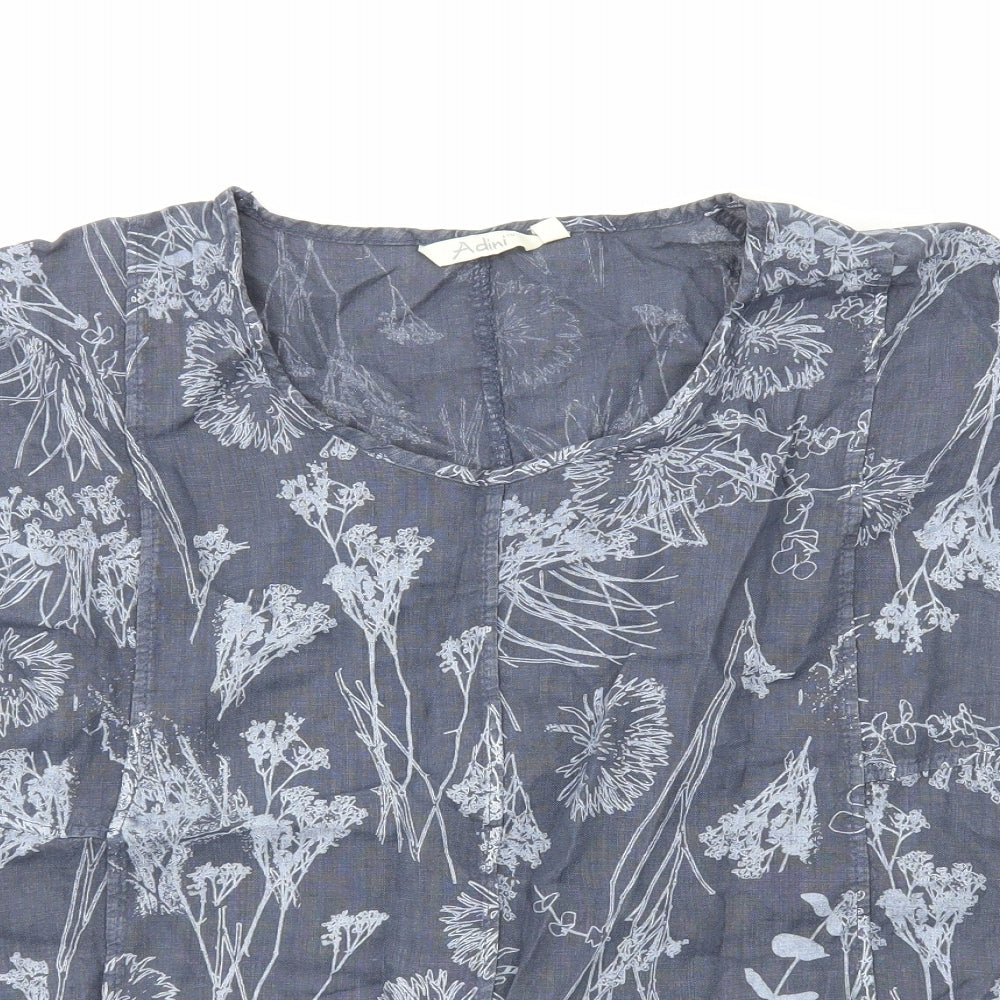 Adini Womens Blue Floral Cotton Basic T-Shirt Size M Round Neck