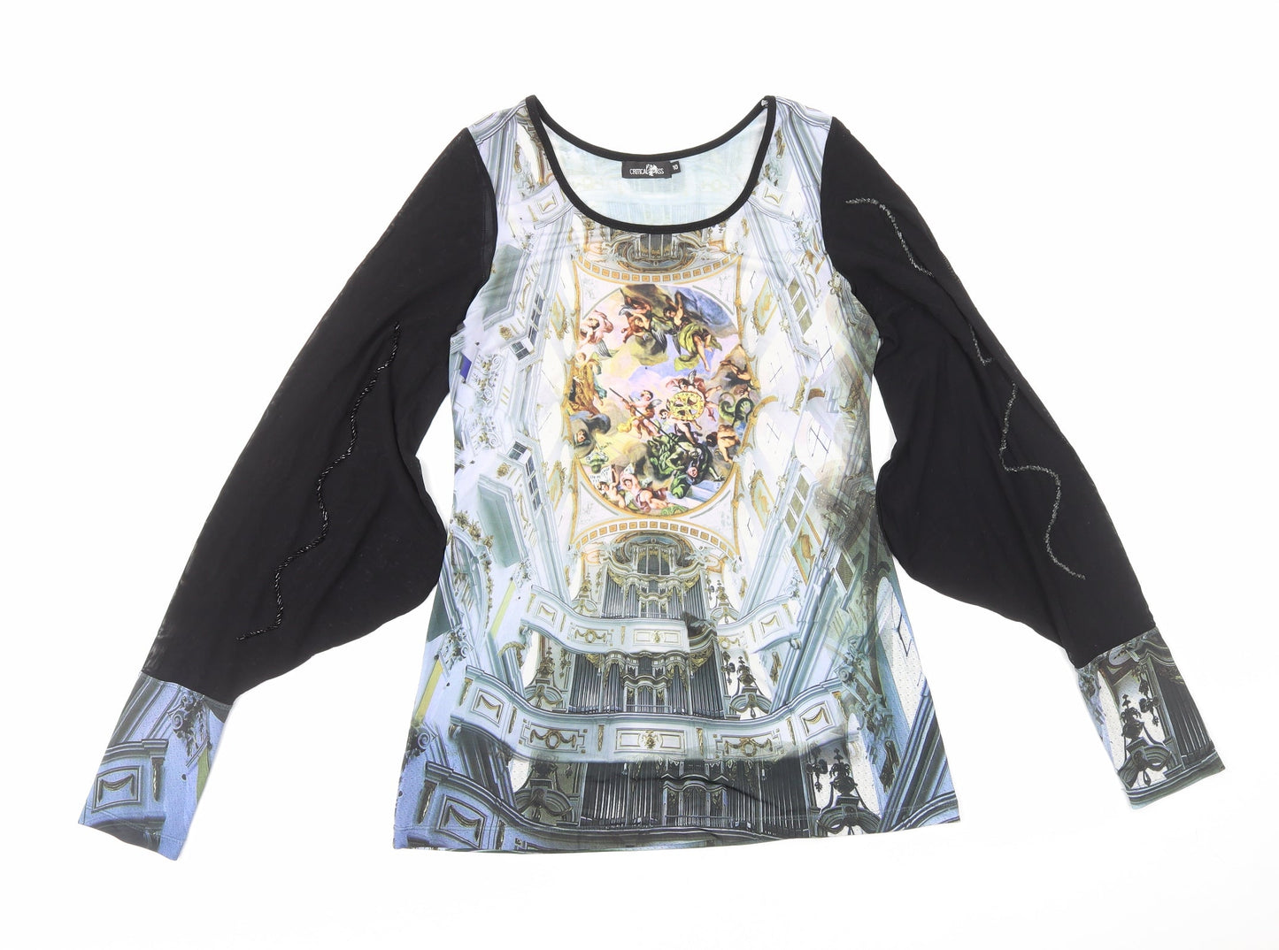 Critical Pass Womens Black Geometric Polyester Basic Blouse Size 10 Boat Neck