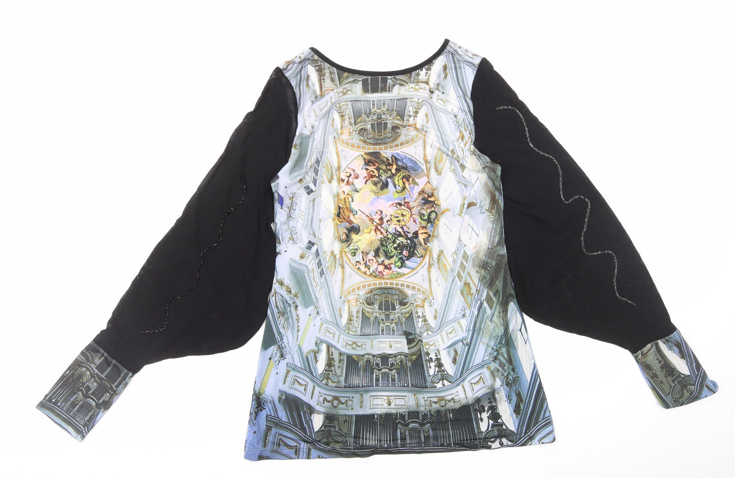 Critical Pass Womens Black Geometric Polyester Basic Blouse Size 10 Boat Neck