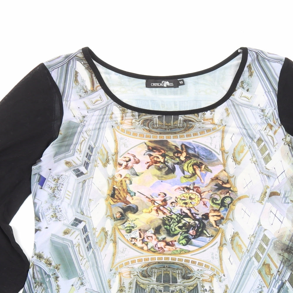 Critical Pass Womens Black Geometric Polyester Basic Blouse Size 10 Boat Neck