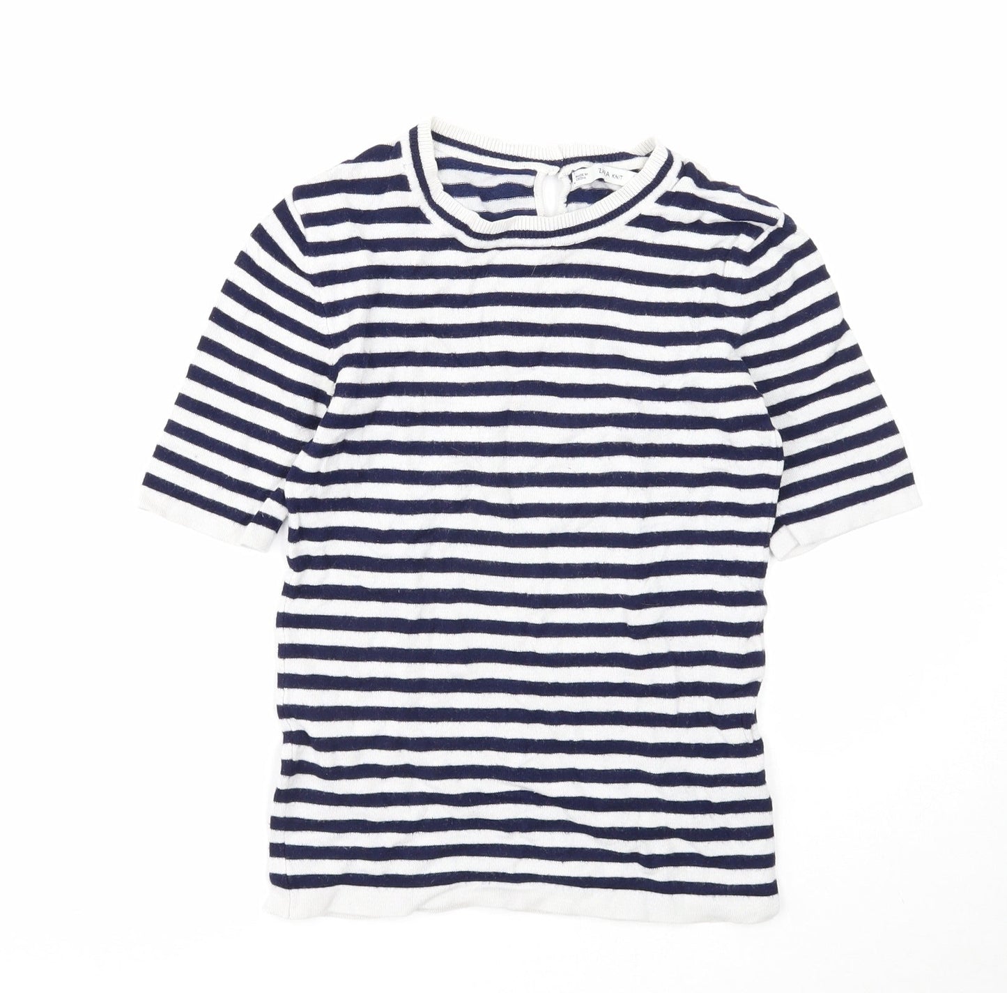 Zara Womens White Scoop Neck Striped Viscose Pullover Jumper Size S