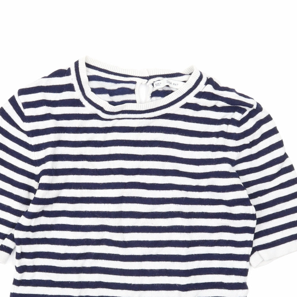 Zara Womens White Scoop Neck Striped Viscose Pullover Jumper Size S