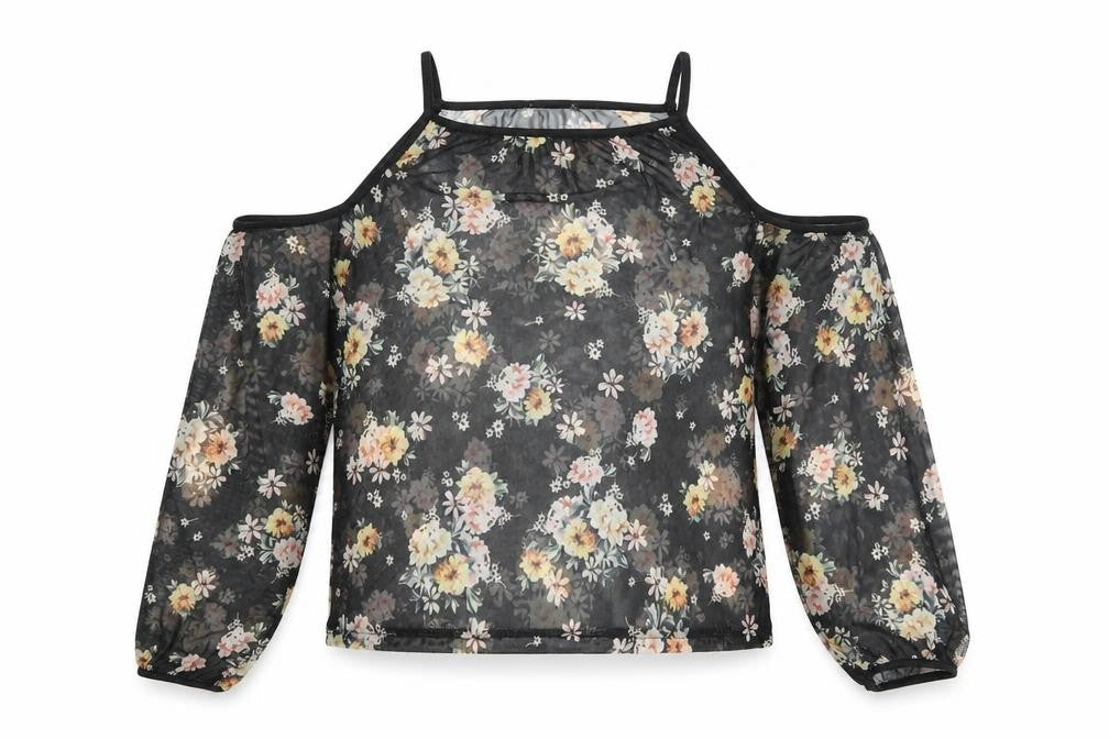 New Look Womens Black Floral Polyester Basic Blouse Size 10 Square Neck - Cold Shoulder