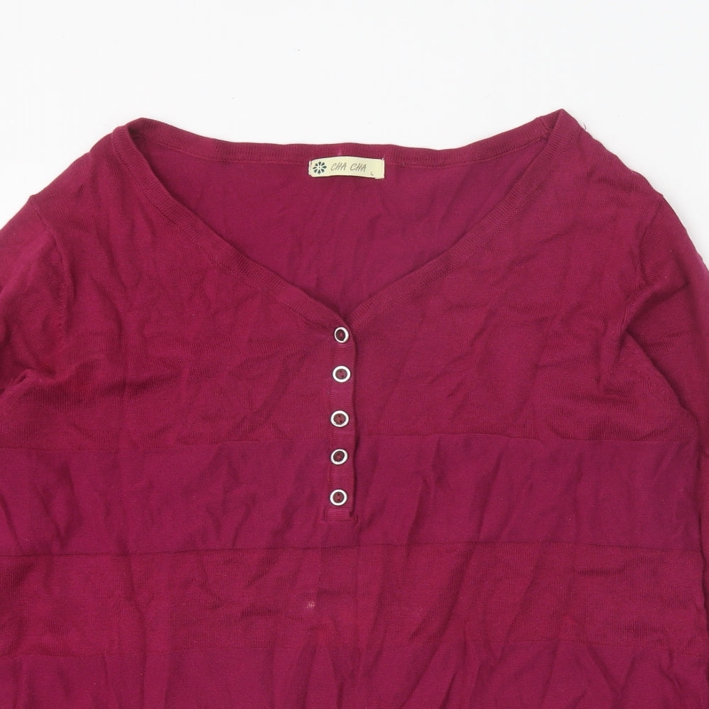 Cha Cha Womens Pink V-Neck Cotton Pullover Jumper Size L - Snap Closure
