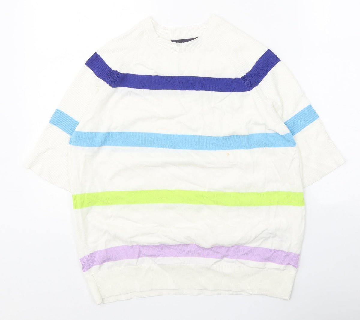 Marks and Spencer Womens White Round Neck Striped Cotton Pullover Jumper Size M