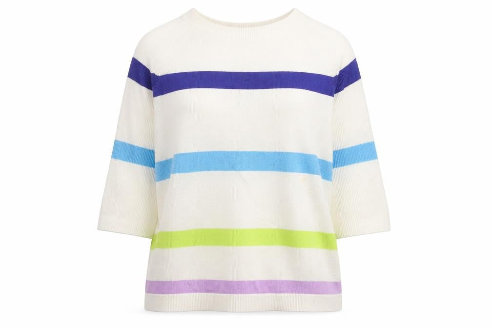 Marks and Spencer Womens White Round Neck Striped Cotton Pullover Jumper Size M