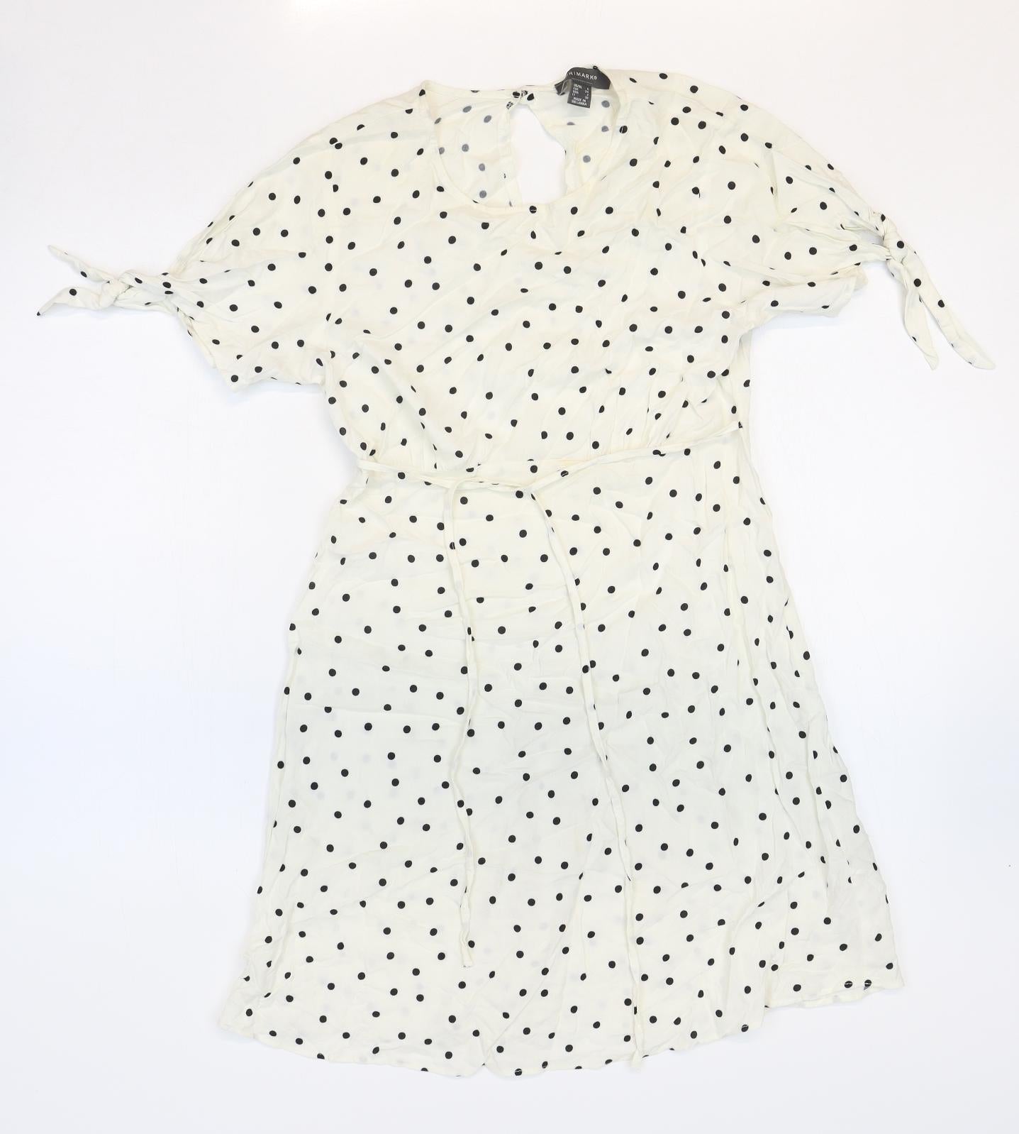 Primark Womens White Polka Dot Viscose A-Line Size 6 Round Neck Button - Tie Sleeve Detail