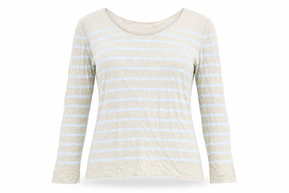 Marc Cain Womens Beige Scoop Neck Striped Linen Pullover Jumper Size 6