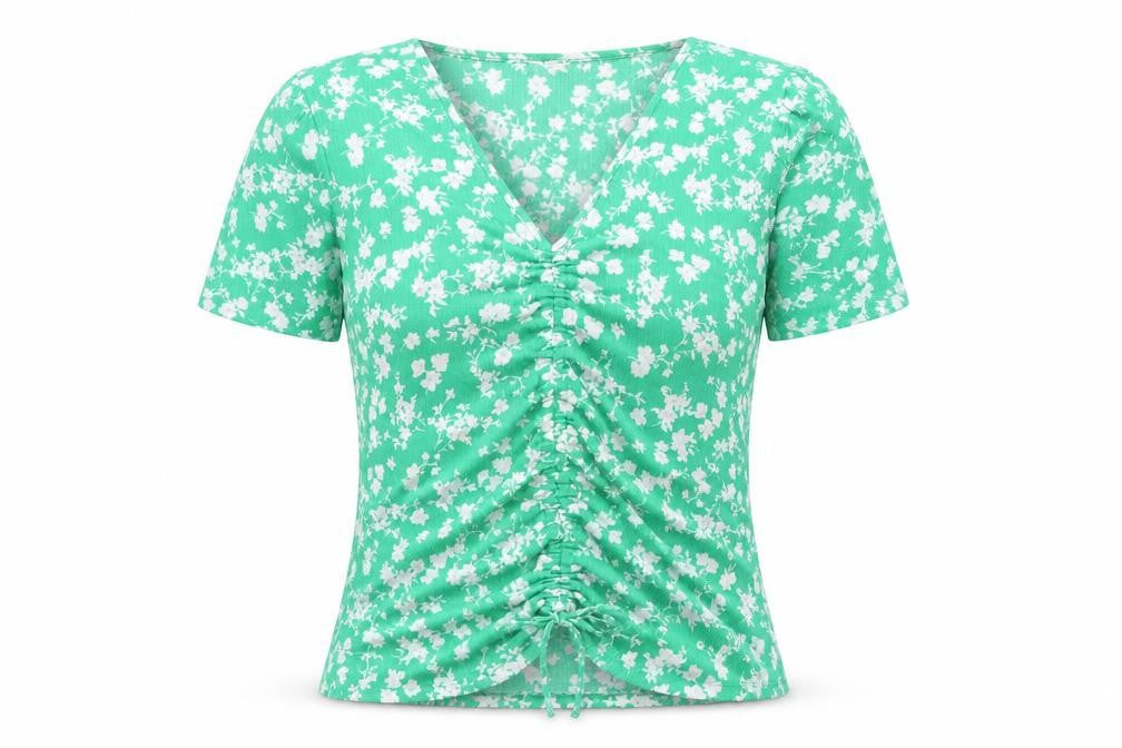 Papaya Womens Green Floral Polyester Basic T-Shirt Size 2XS V-Neck
