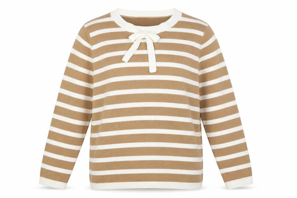 Marks and Spencer Womens Beige Round Neck Striped Acrylic Pullover Jumper Size 12