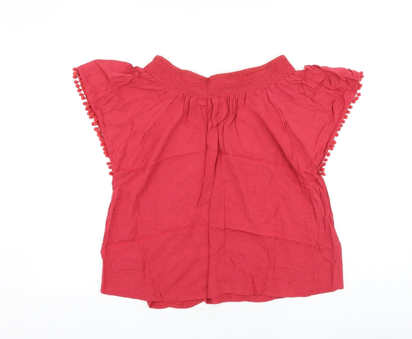 Peacocks Womens Red Polyester Basic Blouse Size 12 Boat Neck - Pom Pom Trim