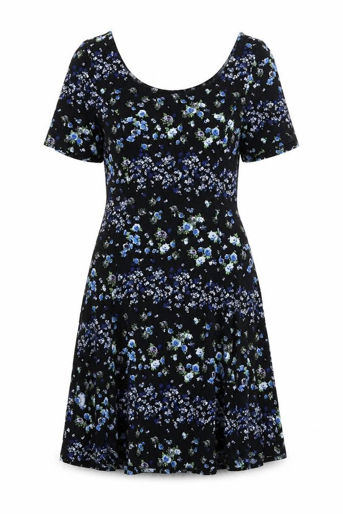 H&M Womens Black Floral Cotton Fit & Flare Size 10 Boat Neck Pullover