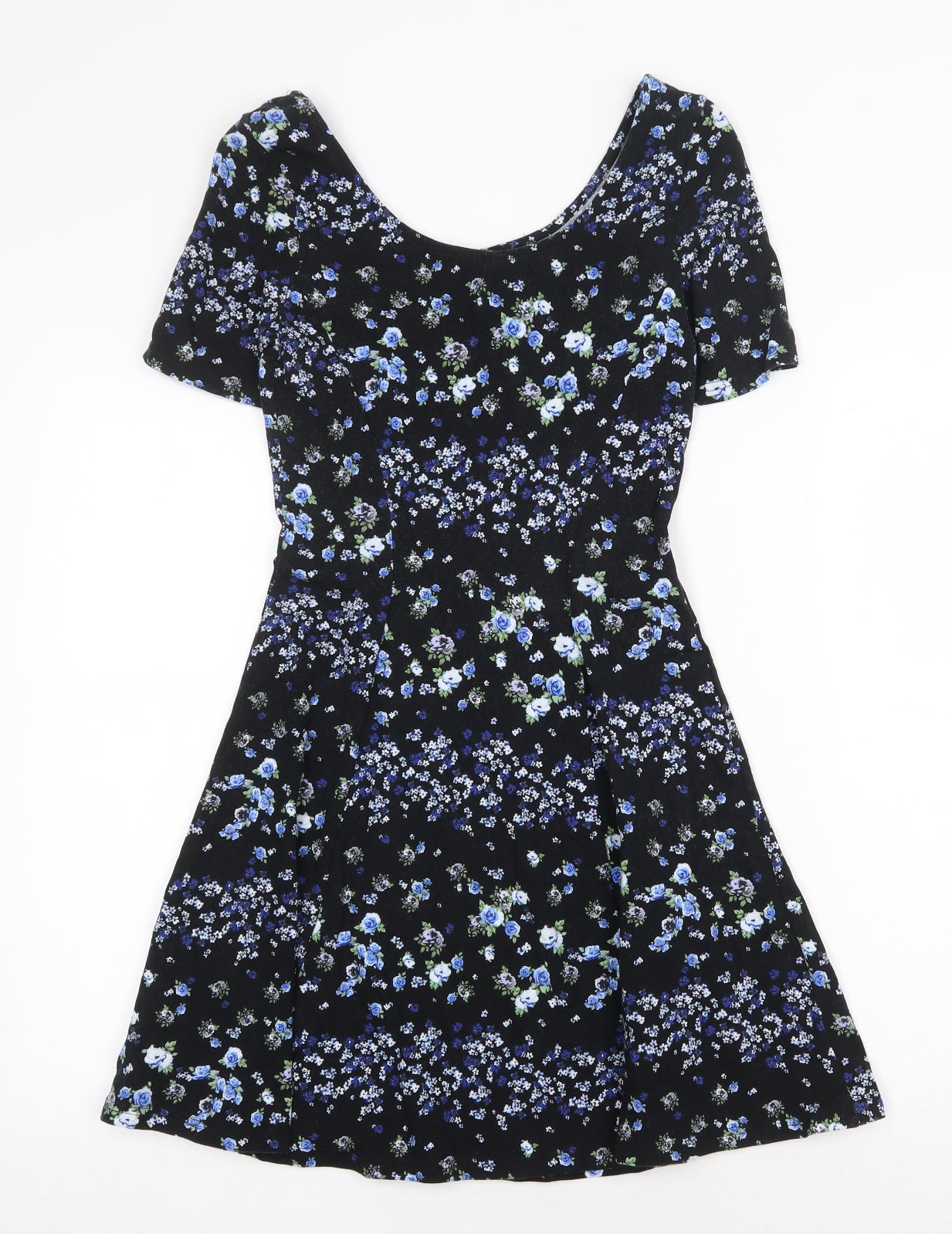 H&M Womens Black Floral Cotton Fit & Flare Size 10 Boat Neck Pullover