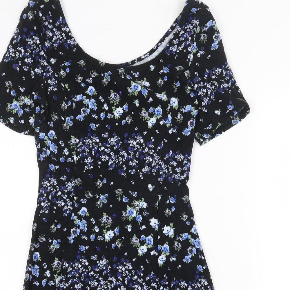 H&M Womens Black Floral Cotton Fit & Flare Size 10 Boat Neck Pullover
