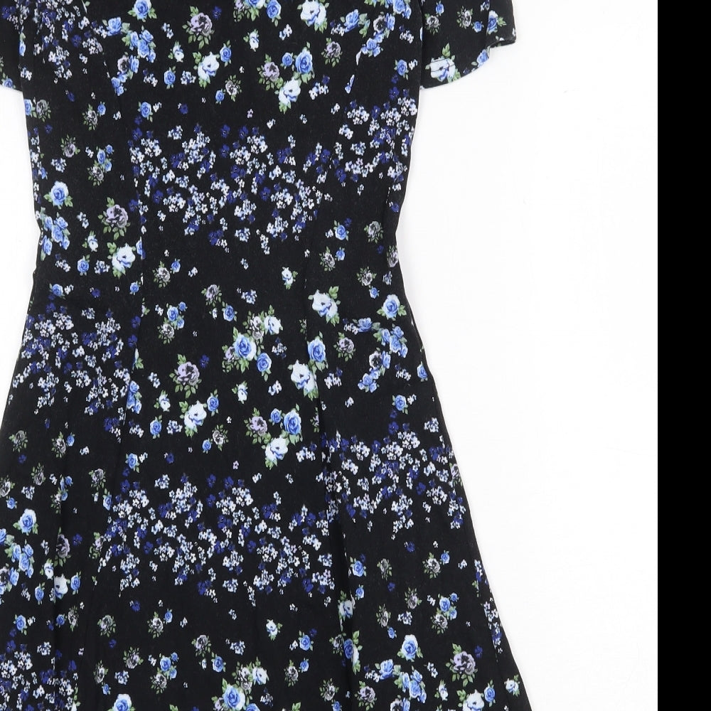 H&M Womens Black Floral Cotton Fit & Flare Size 10 Boat Neck Pullover